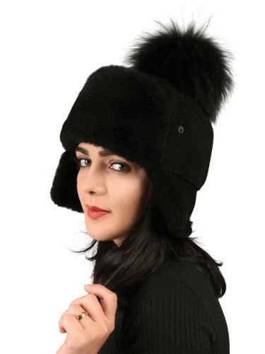 Zavelio Women's Sheepskin Pom-Pom Hat – Black Suede