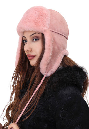 Zavelio Genuine Sheepskin Aviator Hat – Pink