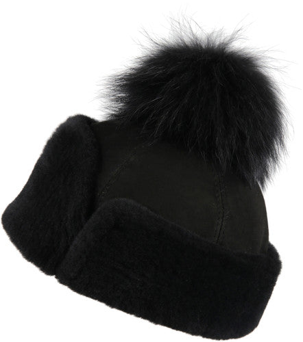 Zavelio Women's Sheepskin Pom-Pom Hat – Black Suede
