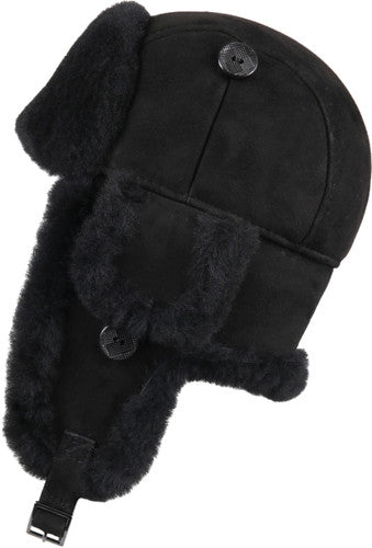 Zavelio Unisex Sheepskin Trapper Hat – Black Suede