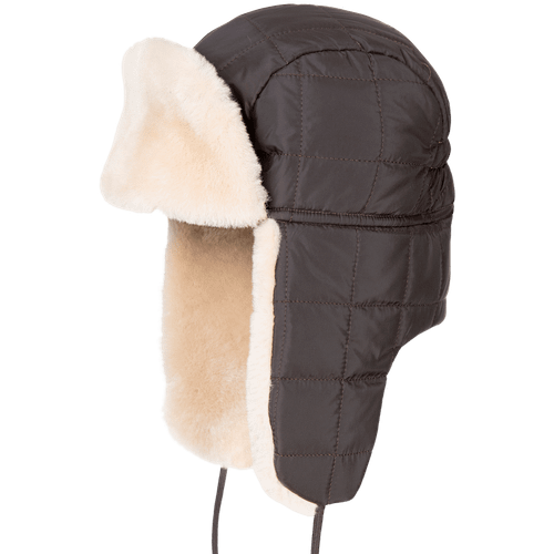 Zavelio Fabric Trapper Hat with Sheepskin Lining – Dark Brown