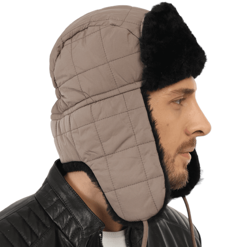 Zavelio Fabric Trapper Hat with Sheepskin Lining – Grey
