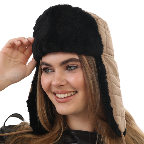 Zavelio Fabric Trapper Hat with Sheepskin Lining – Beige