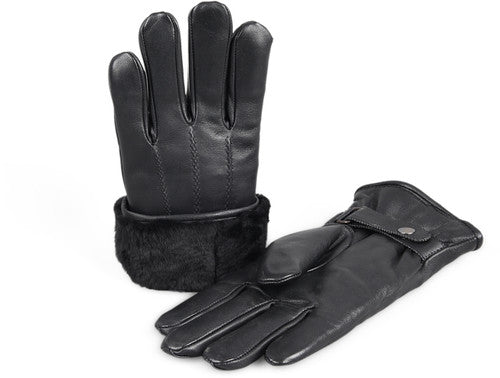 Zavelio Men's Shearling-Lined Leather Gloves with Snaps – Black