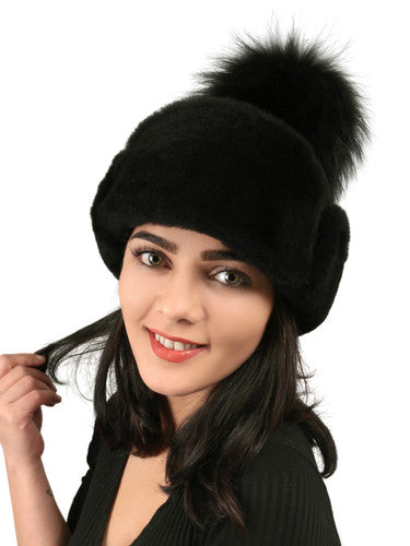 Zavelio Women's Sheepskin Pom-Pom Hat – Black Suede