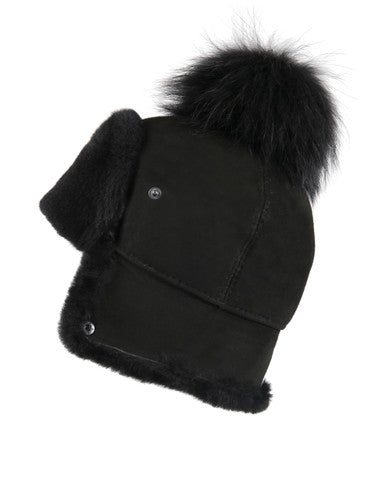 Zavelio Women's Sheepskin Pom-Pom Hat – Black Suede