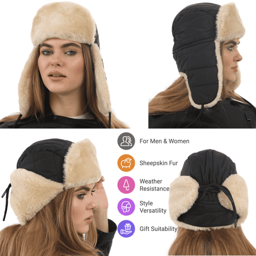 Zavelio Chapka en tissu doublée de peau de mouton – noir
