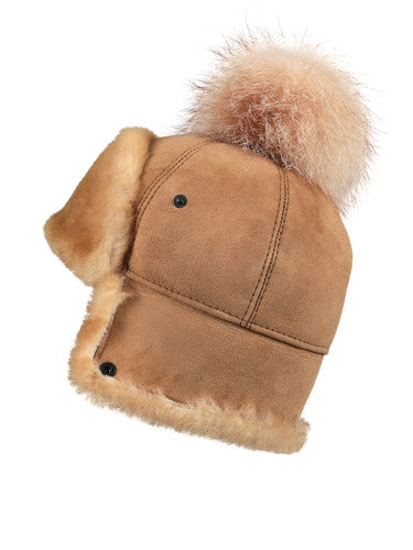 Zavelio Women's Sheepskin Pom-Pom Hat – Tan