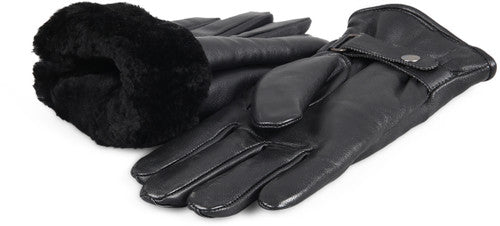 Zavelio Men's Shearling-Lined Leather Gloves with Snaps – Black