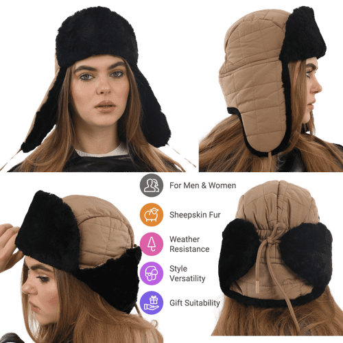 Zavelio Chapka en tissu doublée de peau de mouton – beige