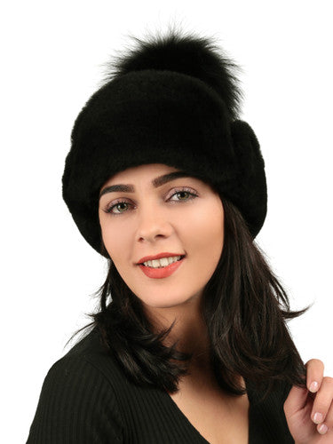 Zavelio Women's Sheepskin Pom-Pom Hat – Black Suede
