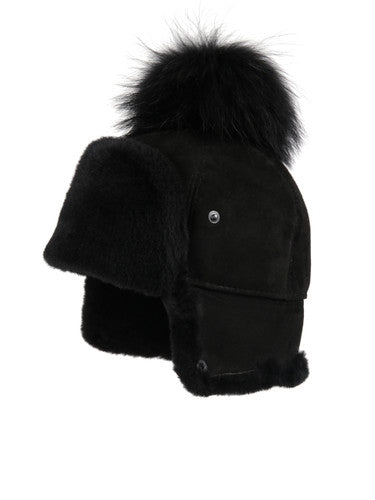 Zavelio Women's Sheepskin Pom-Pom Hat – Black Suede