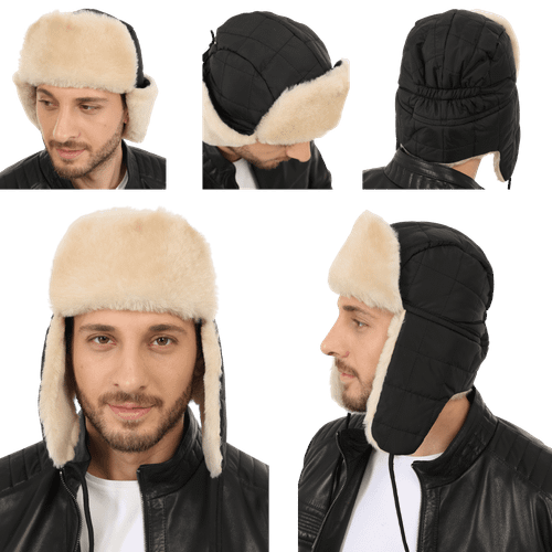 Zavelio Chapka en tissu doublée de peau de mouton – noir