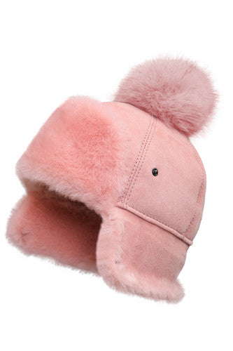 Zavelio Women's Sheepskin Snap Hat with Pom-Pom – Pink