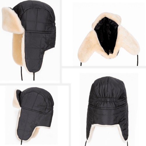 Zavelio Fabric Trapper Hat with Sheepskin Lining – Black