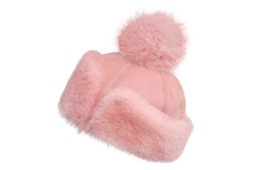 Zavelio Women's Sheepskin Snap Hat with Pom-Pom – Pink