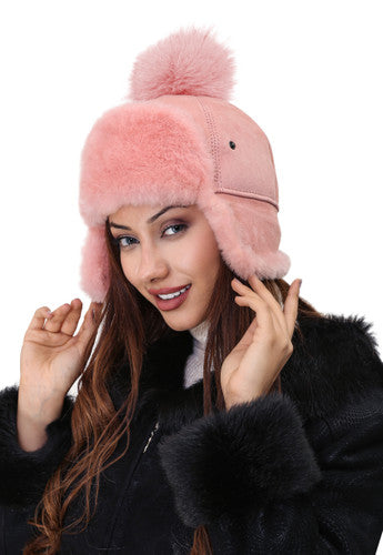 Zavelio Women's Sheepskin Snap Hat with Pom-Pom – Pink