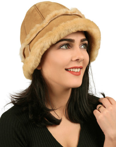 Zavelio Women's Sheepskin Bucket Hat – Tan