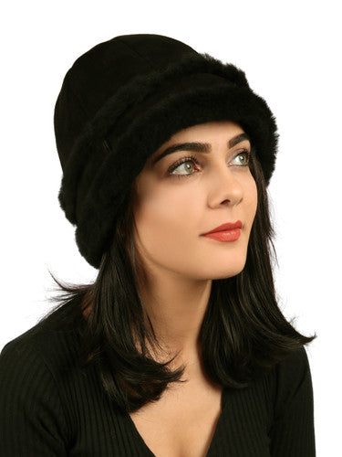 Zavelio Women's Sheepskin Bucket Hat – Black Suede