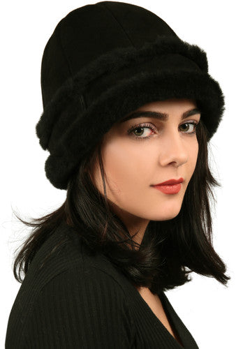 Zavelio Women's Sheepskin Bucket Hat – Black Suede