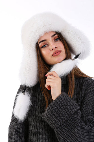 Zavelio Women's Fox Fur Ushanka Hat – White