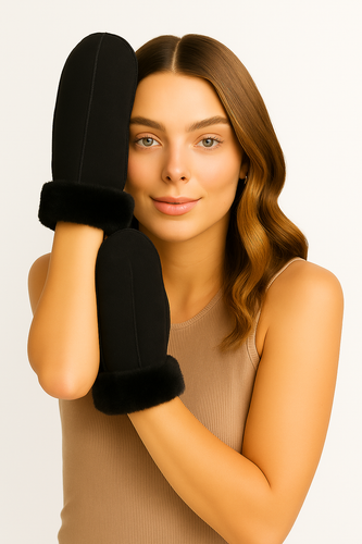 Zavelio Women's Sheepskin Mittens – Black Suede