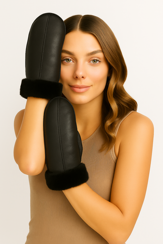 Zavelio Women's Sheepskin Mittens – Solid Black
